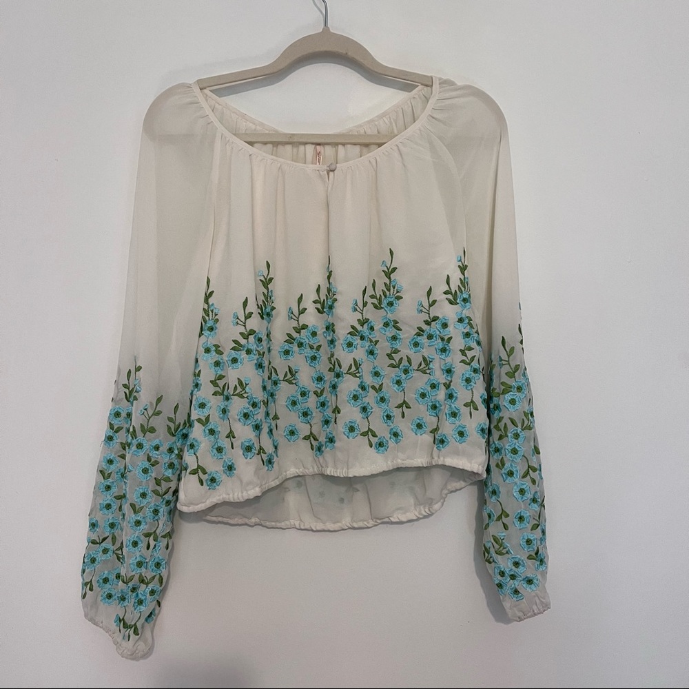 Free People Cream Peasant Blouse with Blue Floral Embroidery